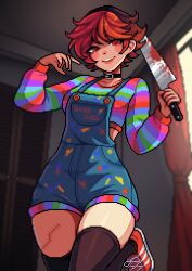  1girl absurdres black_choker black_thighhighs blood blood_on_knife blood_on_weapon blue_overalls child&#039;s_play choker chucky crop_top highres holding holding_knife indoors knife looking_at_viewer multicolored_hair multicolored_shirt orange_hair overalls pixel_art red_eyes shirt shoes short_hair smile sneakers solo striped_clothes striped_shirt thigh-highs weapon yumykon 
