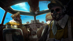 3boys b-17_flying_fortress blue_sky cockpit edouard_groult hat headset looking_at_viewer military_uniform military_vehicle multiple_boys original peaked_cap pilot pov_cockpit shadow sky sunglasses sunlight vehicle_interior window world_war_ii
