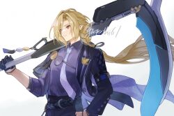  1boy arm_out_of_sleeve bicep_strap black_gloves black_pants blonde_hair bracelet closed_mouth coat ear_piercing earrings from_side gloves grey_eyes hair_between_eyes hand_in_pocket heterochromia holding holding_scythe holding_weapon hugo_vlad jewelry lapel_pin long_hair male_focus medallion mole mole_under_eye necktie over_shoulder pants piercing pointy_ears purple_coat purple_necktie purple_shirt red_eyes ring_hair_ornament scythe shirt simple_background single_glove sleeves_rolled_up solo suitchi_(gn4othi61) twitter_username weapon weapon_over_shoulder white_background zenless_zone_zero 