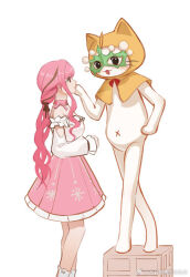  1girl ahoge animal arm_cutout bare_shoulders black_bow black_eyes black_ribbon bow bow_choker bow_legwear bowtie box brown_eyes bu_hui_huahua_de_youyu_tiao cat chinese_commentary choker cloak closed_mouth clothed_animal clothing_cutout commentary_request ear_covers expressionless feet_out_of_frame frilled_shirt frilled_skirt frills from_side green_mask hair_bow hair_ribbon hand_on_another's_face hand_on_own_hip hood hood_up hooded_cloak infinity_nikki long_hair long_legs long_sidelocks looking_at_another low_twintails mask masquerade_mask medium_skirt momo_(nikki) momo_longlegs_(infinity_nikki) navel nikki_(nikki) nikki_(series) off-shoulder_shirt off_shoulder on_box open_mouth perfect_start_(infinity_nikki) pink_bow pink_choker pink_hair pink_skirt pleated_skirt pointy_nose print_skirt red_bow red_bowtie ribbon shirt sidelocks simple_background skirt smile snowflake_print socks standing standing_on_box tress_ribbon twintails very_long_hair watermark wavy_hair weibo_watermark white_background white_cat white_shirt white_socks yellow_cloak 