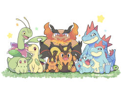  absurdres animal_focus bayleef chikorita claws closed_eyes closed_mouth commentary_request croconaw emboar evolutionary_line fangs feraligatr fire highres leaf meganium no_humans open_mouth pignite pokemon pokemon_(creature) pokemon_focus red_eyes saki_pokeoekaki sharp_teeth sitting smile star_(symbol) starter_pokemon_trio tail teeth tepig totodile yellow_eyes zygarde zygarde_core 