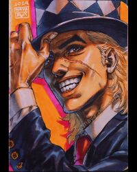  1boy adjusting_clothes adjusting_headwear argyle_clothes argyle_hat black_hat black_jacket blonde_hair clenched_hand collared_shirt fingernails formal_clothes grey_eyes grin hand_on_headwear hat hat_tip highres jacket jojo_no_kimyou_na_bouken long_sleeves looking_at_viewer male_focus marker_(medium) maya_panda medium_hair necktie orange_background phantom_blood portrait red_necktie robert_e._o._speedwagon scar scar_on_cheek scar_on_face shirt signature smile solo suit teeth thick_eyebrows top_hat traditional_media white_shirt 