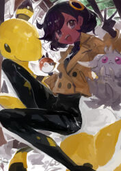 1girl :d absurdres ampharos black_bodysuit black_gloves black_hair blue_hair bodysuit bodysuit_under_clothes brown_jacket commentary_request dark-skinned_female dark_skin emma_(pokemon) espurr gloves hand_up highres holding holding_poke_ball jacket kaamin_(mariarose753) long_sleeves malamar open_mouth poke_ball poke_ball_(basic) pokemon pokemon_(creature) pokemon_legends:_z-a short_hair smile teeth upper_teeth_only v