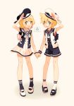  1boy 1girl blonde_hair brother_and_sister hair_ornament hairclip hat holding_hands kagamine_len kagamine_rin mary_janes sailor sailor_hat shoes short_hair siblings skirt smile souno_kazuki twins vocaloid 