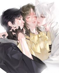  1girl 2boys akura-ou animal_ears babari black_gloves black_hair black_kimono blush brown_hair closed_eyes fingernails fox_boy fox_ears gloves hand_on_another's_arm hand_on_another's_shoulder hetero highres holding_hands interlocked_fingers japanese_clothes kamisama_hajimemashita kimono kirihito_(kamisama_hajimemashita) long_hair momozono_nanami multiple_boys neck_ribbon red_eyes ribbon school_uniform serafuku shirt short_hair simple_background sweat tomoe_(kamisama_hajimemashita) violet_eyes white_background white_hair white_kimono yellow_ribbon yellow_serafuku yellow_shirt 