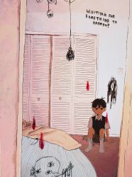  1boy antenna_hair arm_support bed black_eyes black_hair brown_shorts closed_mouth collared_shirt double-parted_bangs english_text hair_between_eyes highres indoors knees_up knife light_bulb looking_at_viewer male_focus omori sapgoon shirt short_hair short_sleeves shorts sitting socks solo something_(omori) sunny_(omori) sweater_vest white_shirt white_socks 