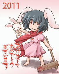  1girl 2011 :3 ambiguous_red_liquid animal_ears barefoot black_hair carrot_necklace chinese_zodiac commentary_request dress floppy_ears full_body inaba_tewi itsutoko jewelry kine looking_at_viewer mallet necklace open_mouth pink_dress rabbit rabbit_ears rabbit_girl red_eyes ribbon-trimmed_dress ribbon_trim short_hair smile solo touhou translation_request year_of_the_rabbit 