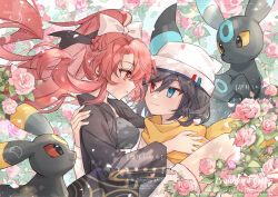  1boy 1girl alternate_color artist_name black_dress black_hair blue_eyes blush bow closed_mouth double-parted_bangs dress eye_contact flower hair_between_eyes hair_bow hat heterochromia highres leaf long_hair long_sleeves looking_at_another mochizuki_inochi parted_lips pink_flower pink_hair pink_rose pokemon pokemon_(creature) ponytail red_eyes rose scarf shiny_pokemon short_hair smile umbreon upper_body watermark white_bow white_hat yellow_scarf 
