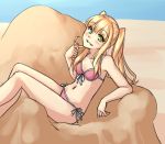  1girl azuki_azusa beach bikini blonde_hair blue_sky blush flat_chest front-tie_bikini green_eyes grin hentai_ouji_to_warawanai_neko long_hair monorus navel payot reclining sand_sculpture side-tie_bikini sky smile solo swimsuit twintails 