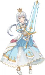  1girl armor armored_boots armored_gloves blue_sleeves boots braid crown full_body game_cg gold_crown grey_hair highres holding holding_sword holding_weapon huge_weapon juliet_sleeves kashiwagi_saki long_hair long_skirt long_sleeves looking_at_viewer non-web_source official_art ongeki ponytail puffy_sleeves see-through_clothes see-through_skirt shirt side_braids simple_background skirt solo sword transparent_background very_long_hair weapon white_shirt white_skirt yellow_eyes 