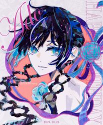  1girl absurdres ado_(utaite) black_hair blue_eyes blue_flower blue_rose chando_(ado) character_name closed_mouth commentary dated flower hair_rings highres looking_at_viewer mole mole_under_eye rose ryono shirt solo upper_body white_shirt 