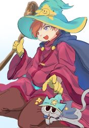  1boy animal blue_cape blue_eyes blue_hat brown_eyes brown_pants cape cat clothed_animal commentary eric_cartman fat gloves gradient_background grey_cat grey_fur hands_up hashtag-only_commentary hat heterochromia highres holding holding_staff lovelovejusu male_focus mr._kitty_(south_park) official_alternate_costume open_mouth pants red_robe robe smile solo_focus south_park sparkle staff upper_body wide_sleeves wizard wizard_hat yellow_gloves 