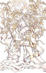  1boy androgynous anklet barefoot closed_eyes dress flower gold_flower hairband hashtag-only_commentary highres hugging_own_legs jewelry jojo_no_kimyou_na_bouken knees_up male_focus medium_hair narancia_ghirga parted_lips plant robe sitting solo vento_aureo vines white_background white_hair wristband zhhy3324 