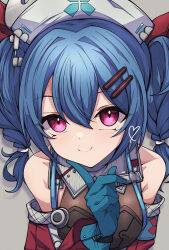  1girl absurdres bare_shoulders blue_gloves blue_hair blush braid colphne_(girls'_frontline_2) colphne_(silent_heart)_(girls'_frontline_2) finger_to_cheek from_above girls'_frontline_2:_exilium girls_frontline gloves hair_between_eyes hair_ornament hair_ribbon hairclip hand_up hat highres jacket kakuzatou_(cubesugar03196) looking_at_viewer looking_up medium_hair nurse_cap pink_eyes red_ribbon ribbon smile solo twin_braids twintails upper_body 