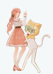  1girl animal ankle_socks arm_cutout belt black_belt black_bow black_choker black_eyes black_ribbon blunt_bangs bow bowtie bra_strap brown_eyes cat chinese_commentary choker cloak closed_mouth clothed_animal clothing_cutout commentary_request ear_covers eyelashes eyes_visible_through_hair finger_gun frilled_shirt frilled_skirt frilled_sleeves frills full_body green_mask hair_bow hair_intakes hair_ribbon happy high_heels highres hood hood_up hooded_cloak infinity_nikki long_hair long_legs long_sleeves looking_at_viewer low_twintails mask masquerade_mask medium_skirt momo_(nikki) momo_longlegs_(infinity_nikki) nikki_(nikki) nikki_(series) off-shoulder_shirt off_shoulder paw_pose perfect_start_(infinity_nikki) pink_hair pink_shoes pink_skirt pleated_skirt print_skirt puffy_long_sleeves puffy_sleeves pumps red_bow red_bowtie ribbon shirt shoes simple_background skirt sleeves_past_wrists smile snowflake_print socks standing tress_ribbon twintails very_long_hair watermark wavy_hair white_background white_cat white_shirt white_socks yellow_cloak youyutiao 