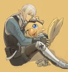  1boy armored_boots aviator_goggles bird black_gloves black_pantyhose blue_eyes blue_jacket boots chocobo creature elezen elf estinien_varlineau final_fantasy final_fantasy_xiv fingerless_gloves fur-trimmed_vest fur_trim gloves grey_hair hair_between_eyes hug jacket long_hair male_focus mongu_(kprs_ff) one_eye_closed pantyhose pointy_ears sitting vest yellow_background 