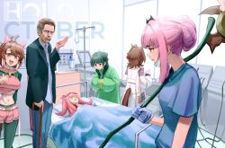  1boy 5girls :/ :d absurdres agnes_digital_(umamusume) agnes_tachyon_(umamusume) ahoge animal_ears beads beard beard_stubble bed belt belt_buckle black_jacket black_leggings black_shirt black_tiara blanket blue_eyes blue_gloves blue_shirt blunt_bangs blush bow breasts brown_eyes brown_hair bubble_tea buckle cable cane chinese_clothes closed_eyes closed_mouth coat commentary dantsu_flame_(umamusume) dress_shirt drink ear_ornament english_commentary eyelashes facial_hair facing_away frown furrowed_brow gloves green_hair green_hanfu gregory_house grey_pants hair_beads hair_bow hair_bun hair_ornament hair_over_shoulder hair_ribbon hair_up hand_up hanfu highres holding holding_cane holding_drink holding_scythe hololive hololive_english horse_ears horse_girl horse_tail hose hospital hospital_bed house_m.d. indoors intravenous_drip jacket kusuriya_no_hitorigoto lab_coat large_breasts latex latex_gloves leaning_forward leggings lips long_sleeves looking_at_another looking_at_viewer lying maomao_(kusuriya_no_hitorigoto) mask mask_pull medical_scrubs medium_breasts medium_hair midriff mokuka_noe mori_calliope mouth_mask multiple_girls mustache navel nurse october on_back on_bed open_clothes open_jacket own_hands_together pants pink_bow pink_hair pink_lips pink_shirt pink_shorts pout purple_shirt raised_eyebrows red_eyes ribbon scowl scythe shelf shirt short_sleeves shorts sidelocks single_hair_bun smile standing stubble suit_jacket surgical_mask tail teeth test_tube thumbs_up tiara umamusume upper_body upper_teeth_only very_long_sleeves violet_eyes virtual_youtuber white_belt white_coat white_hair white_ribbon window withered wrinkled_skin 