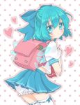  1girl aqua_eyes aqua_hair backpack bag bloomers bow cirno crop_top crop_top_overhang hair_bow heart looking_at_viewer looking_over_shoulder moorina pleated_skirt polka_dot polka_dot_background ribbon school_uniform serafuku short_hair skirt solo thighhighs touhou underwear wings 