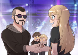  +_+ 2boys 2girls absurdres arms_around_neck azur_lane bismarck_(azur_lane) black_hair black_jacket black_pants black_shirt black_skirt blonde_hair blue_eyes canned_sardines closed_mouth commission english_commentary facial_hair goatee hair_between_eyes handshake highres hood hooded_jacket jacket joakim_broden long_hair long_sleeves medium_hair mohawk mother_and_daughter mother_and_son multiple_boys multiple_girls mustache open_mouth original pants real_life sabaton_(band) shirt short_hair short_sleeves siblings skirt sunglasses teeth upper_teeth_only zipper 