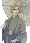  1boy blonde_hair blue_eyes japanese_clothes johnny_joestar jojo_no_kimyou_na_bouken kimono parasol sasamaru_(sasamaru) solo steel_ball_run umbrella 