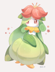 1girl artist_name colored_skin commentary_request crown green_hair highres iwasi_29 lilligant long_hair monster_girl plant_girl pokemon pokemon_(creature) red_eyes simple_background standing twitter_username white_background white_skin 