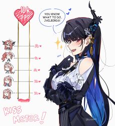  2girls absurdres black_gloves black_hair black_skirt blue_hair blush closed_mouth clothing_cutout colored_inner_hair commentary elizabeth_rose_bloodflame english_commentary english_text gloves heart highres hololive hololive_english horns keisea kiss_meter_(meme) long_hair meme mole mole_under_eye multicolored_hair multiple_girls nerissa_ravencroft open_mouth red_eyes red_hair shirt shoulder_cutout side_ponytail simple_background single_horn skirt smile sparkle speech_bubble white_background white_shirt 