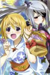  2girls absurdres artist_request bag blonde_hair charlotte_dunois grey_hair highres infinite_stratos japanese_clothes jewelry kimono laura_bodewig multiple_girls necklace red_eyes tagme twintails violet_eyes yukata 