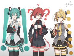  ! ... 3girls ? akita_neru alternate_hair_length alternate_hairstyle aqua_eyes aqua_hair aqua_nails aqua_necktie black_shirt black_skirt black_sleeves black_thighhighs blonde_hair blush closed_mouth commentary detached_sleeves finger_to_face grey_shirt hair_between_eyes hatsune_miku highres kasane_teto kieed looking_at_viewer multiple_girls necktie number_tattoo parted_lips pleated_skirt red_eyes red_hair shirt short_hair shoulder_tattoo side_ponytail sidelocks skirt smile symbol-only_commentary tattoo thigh-highs twintails vocaloid white_shirt yellow_eyes yellow_necktie zettai_ryouiki 