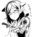  1girl broken bust detached_sleeves glasses hairband kantai_collection kirishima_(kantai_collection) looking_at_viewer microphone monochrome nochita_shin solo 