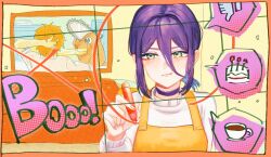  1boy 1girl apron blonde_hair blush cake cake_slice chainsaw_man choker commentary_request denji_(chainsaw_man) english_text food green_eyes hair_between_eyes hanagumorimoa holding holding_marker long_hair_between_eyes marker medium_hair orange_apron pochita_(chainsaw_man) pout purple_choker purple_hair reze_(chainsaw_man) solo_focus sweater tea thumbs_down upper_body white_sweater 