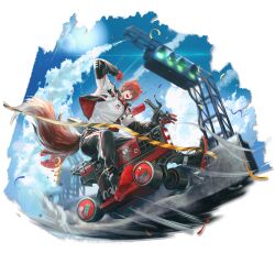  1boy animal_ears arknights artist_name belt black_belt black_boots black_jacket black_pants boots chiave_(arknights) chiave_(one-man_racing_team)_(arknights) clouds cloudy_sky confetti cropped_jacket english_text finish_line fox_boy fox_ears fox_tail from_below full_body gloves goggles goggles_around_neck hair_between_eyes highres infukun jacket looking_at_viewer looking_down motion_lines motor_vehicle multicolored_jacket official_alternate_costume official_art open_clothes open_jacket open_mouth pants pointing pointing_at_self race_vehicle racing_suit red_eyes red_gloves red_hair rhodes_island_logo_(arknights) riding shirt sky smile smoke solo speed_lines sticker striped_belt striped_clothes striped_pants tail third-party_source transparent_background two-tone_jacket white_jacket white_shirt wrench 