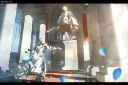  1other armor blue_cape blurry blurry_foreground boots cape carpet character_request check_character column day depth_of_field falling_petals full_body highres honkai:_star_rail honkai_(series) jacket lens_flare letterboxed outstretched_arms pedestal petals phainon_(honkai:_star_rail) pillar pov red_carpet red_flag rintouru_2 short_hair shoulder_armor sidelighting statue sunlight walking white_hair white_jacket 