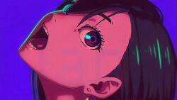  1girl abel_gongora anime_coloring ayase_momo black_hair close-up dandadan eyelashes green_light hair_between_eyes head_tilt looking_at_viewer looking_to_the_side medium_hair neck official_art open_mouth portrait purple_background science_saru shadow simple_background solo teeth tongue violet_eyes 
