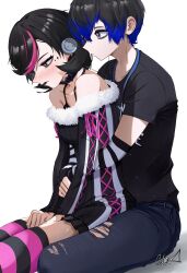  1boy 1girl absurdres alternate_costume alternate_hair_color arms_around_waist bare_shoulders black_choker black_hair black_lips black_shirt black_sweater blue_hair blue_pants blush bra_strap brown_eyes cebe choker closed_mouth collarbone commentary couple cross-laced_clothes cross-laced_sleeves cross-laced_sweater denim earphones earrings elbow_gloves facial_mark fingerless_gloves flipped_hair from_side fur-trimmed_sweater fur_trim gloves goth_fashion gradient_hair grey_eyes halterneck heart heart_choker hetero highres hug hug_from_behind jeans jewelry long_sleeves multicolored_hair off-shoulder_sweater off_shoulder pants persona persona_3 persona_3_reload pink_hair pink_thighhighs profile shared_earphones shirt short_hair short_sleeves signature sitting sitting_between_lap sitting_on_lap sitting_on_person striped_clothes striped_gloves striped_thighhighs stud_earrings sweater takeba_yukari thigh-highs torn_clothes torn_pants two-tone_hair white_background yuuki_makoto_(persona_3) 