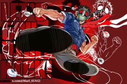  1boy beard belt commentary english_text facial_hair flying_kick highres kamen_rider kamen_rider_(1st_series) kicking marl_04art mask rider_kick tears toujima_tanzaburou_wa_kamen_rider_ni_naritai 