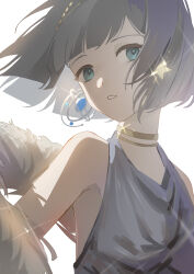  1girl absurdres bare_shoulders blue_eyes bob_cut diffraction_spikes earrings feather_boa floating_hair gold_choker grey_hair grey_tank_top hair_ornament highres jewelry looking_at_viewer mercuria_(reverse:1999) parted_lips portrait ranla reverse:1999 short_hair single_earring solo star_(symbol) star_hair_ornament tank_top upper_body white_background 