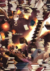  2boys abstract_background arm_behind_head bald belt black_eyeshadow blue_eyes book bookman boots brown_background brown_headband brown_jacket brown_robe brown_shirt brown_vest buttons closed_eyes collared_jacket copyright_name d.gray-man earrings eyepatch eyeshadow facing_to_the_side floating floating_book floating_earrings floating_object gears gloves grey_boots grey_pants hair_between_eyes headband high_ponytail highres holding holding_book jacket jewelry ladder lavi long_sleeves looking_at_object looking_up lying makeup male_focus mature_male medium_hair messy_hair mole monocle monocle_chain multiple_boys old old_man on_back one_eye_covered open_book open_clothes open_jacket orange_background orange_hair pants pile_of_books pointy_ears ponytail profile purple_gloves ring robe shirt short-sleeved_jacket short_hair short_sleeves sidelocks single_glove spiky_hair striped_clothes striped_headband striped_jacket striped_shirt tsukini_shigure turtleneck turtleneck_shirt upside-down vertical-striped_clothes vertical-striped_jacket vest white_hair wooden_ladder wrinkled_skin yellow_background 