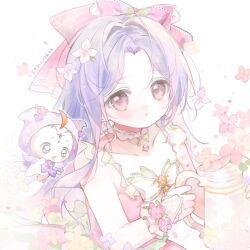  1girl :o ahoge animal argyle_clothes argyle_gloves back_ribbon baonu_de_zhanshen_caibutou bare_shoulders black_eyes blunt_bangs bow bowtie bracelet brooch brown_eyes cat chinese_commentary choker circlet cloak clothed_animal collarbone commentary_request courtyard_flowers_(infinity_nikki) cowboy_shot dot_nose dress dress_flower ear_covers expressionless fingerless_gloves flower flower_bracelet frilled_choker frilled_dress frilled_gloves frills gloves green_bow green_bowtie green_choker green_ribbon hair_bow hair_flower hair_intakes hair_ornament highres holding holding_watering_can hood hood_up hooded_cloak infinity_nikki jewelry large_bow leaf light_blush light_particles long_hair long_sidelocks loose_hair_strand making-of_available momo_(nikki) nikki_(series) official_alternate_costume parted_lips pink_bow pink_dress pink_flower pleated_dress purple_bow purple_bowtie purple_cloak purple_hair ribbon sidelocks simple_background sleeveless sleeveless_dress smile standing striped_bow tareme very_long_hair watering_can white_background white_bow white_bowtie white_cat white_gloves 