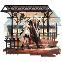  2boys absurdres angel animal_ears aqua_eyes aqua_necktie arknights black_halo black_wings blonde_hair blue_shorts boots bow bowtie braided_scarf brown_boots brown_coat brown_gloves brown_hat brown_pants brown_shoes brown_vest buttons character_pin checkered_clothes checkered_pants cinnamoroll coat collared_shirt curled_tail detached_wings detective diagonal-striped_clothes diagonal-striped_necktie dog_ears dog_tail dual_persona earpiece executor_(arknights) executor_(young)_(arknights) executor_the_ex_foedere_(arknights) executor_the_ex_foedere_(the_train_runner)_(arknights) full_body fuwa_fuwa_cinnamoroll gloves hair_between_eyes halo hand_in_pocket hat highres holding holding_magnifying_glass holding_suitcase holster looking_at_another magnifying_glass monk_shoes multiple_boys necktie open_clothes open_coat orange_bow orange_bowtie orange_necktie orange_socks outdoors pants parted_lips sanrio scarf shawl shirt shoe_belt shoes short_hair shorts skade socks striped_clothes suitcase sweater tail thigh_holster third-party_source time_paradox train train_station transparent_background vest waistcoat walking white_scarf white_shawl white_shirt white_sweater wings 