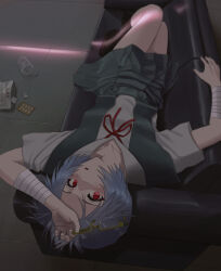  1girl absurdres aqua_skirt arm_up ayanami_rei bandaged_arm bandages black_socks blister_pack blue_hair blurry blurry_background blush borrowed_accessory bow bowtie broken_eyewear collarbone collared_shirt commentary couch cup depth_of_field dress_shirt envelope from_above hair_pulled_back hand_on_own_forehead highres holding holding_removed_eyewear knees_up light_blush looking_at_viewer looking_up lounging lying makimoto_z medicine neck_ribbon neon_genesis_evangelion no_shoes on_back on_couch over-rim_eyewear parted_lips pill rectangular_eyewear red_bow red_bowtie red_eyes red_ribbon ribbon school_uniform semi-rimless_eyewear shirt short_hair short_sleeves skirt socks solo suspender_skirt suspenders tile_floor tiles tokyo-3_middle_school_uniform unworn_eyewear white_shirt 