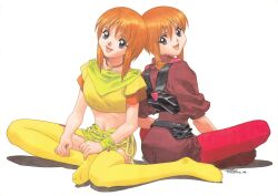  1990s_(style) 1998 2girls absurdres dated elpeo_puru green_eyes gundam gundam_zz highres kitazume_hiroyuki looking_at_viewer midriff multiple_girls open_mouth orange_hair puru_two retro_artstyle scan shadow signature sitting smile traditional_media white_background wristband 