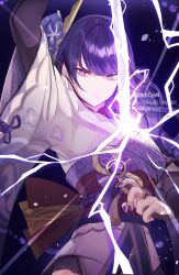  1girl angry arm_up armor artist_name asymmetrical_sleeves back_bow black_panties blunt_bangs bow braid bridal_gauntlets close-up closed_mouth drawing_sword electricity english_commentary english_text fan_hair_ornament flower flower_ornament genshin_impact glowing glowing_sword glowing_weapon hair_ornament holding holding_sword holding_weapon human_scabbard japanese_clothes katana kimono light_particles long_braid long_hair looking_at_viewer mitsudomoe_(shape) mole mole_under_eye musou_isshin_(genshin_impact) neck_ribbon notcy4n off_shoulder panties purple_background purple_flower purple_hair purple_kimono purple_nails raiden_shogun red_ribbon red_sash ribbon sash shade shoulder_armor single_braid solo standing sword sword_between_breasts tomoe_(symbol) twitter_username underwear uneven_sleeves upper_body violet_eyes weapon wide_sleeves 