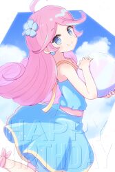  1girl absurdres ahoge ankle_ribbon ball bare_shoulders beachball blue_dress blue_eyes blue_flower blush clouds cloudy_sky commentary_request dress earrings english_text flower hair_flower hair_ornament happy_birthday highres holding holding_ball holding_beachball jazz_grace jewelry leg_ribbon long_hair looking_at_viewer official_alternate_costume pantyhose pink_hair pink_ribbon puyopuyo puyopuyo_quest raffina_(puyopuyo) ribbon sidelocks single_earring sky smile solo 