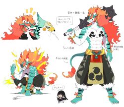  1girl 2boys aqua_skin baggy_pants bird_boy blue_eyes claws club_(weapon) colored_sclera colored_skin commentary_request fiery_hair fur-tipped_tail furry furry_male holding holding_club holding_weapon horns male_focus multiple_boys multiple_views muscular muscular_male orange_hair original pants red_hair simple_background spiked_club tail tiger_subaru topless_male translation_request tusks weapon white_background white_skin yellow_sclera 