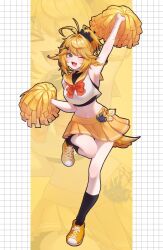 :d ahoge black_socks blonde_hair blue_eyes bow bowtie cheerleader cropped_shirt doki_amber_doge_(dokibird) dokibird dragoon_(dokibird) fang full_body indie_virtual_youtuber kuraedo medium_hair midriff one_eye_closed open_mouth pleated_skirt pom_pom_(cheerleading) ponytail red_bow red_bowtie school_uniform serafuku shoes skin_fang skirt smile socks standing standing_on_one_leg tail two-tone_background virtual_youtuber white_background yellow_background yellow_serafuku yellow_shoes 