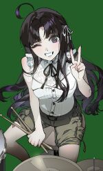  1girl ahoge awa_subaru black_hair commentary drumsticks girls_band_cry green_background hair_ribbon hashtag-only_commentary highres holding holding_drumsticks long_hair o89880 one_eye_closed open_mouth parted_bangs ribbon shirt simple_background sitting sleeveless sleeveless_shirt solo sweat v violet_eyes white_ribbon white_shirt 