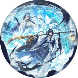  arknights black_eyes black_gloves black_hair black_pants blue_eyes blue_hair bottle braid braided_ponytail clothing_request e.g.o_(project_moon) game_cg glaive_(polearm) gloves guan_dao heterochromia hong_lu_(project_moon) lantern limbus_company ling_(arknights) long_hair nai_ga official_art pants polearm project_moon robe to_remain_oneself_(e.g.o) weapon white_robe 