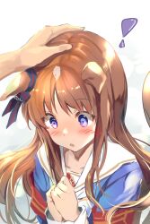  ! 1girl 1other :o absurdres animal_ears blue_bow blue_dress blue_eyes blush bow brown_hair commentary_request dress ear_bow grass_wonder_(stone-piercing_blue)_(umamusume) grass_wonder_(umamusume) hand_on_another's_head headpat highres horse_ears horse_girl horse_tail long_hair long_sleeves sailor_collar solo_focus tail umamusume upper_body uu-tan_(hushigi10) white_background white_sailor_collar 