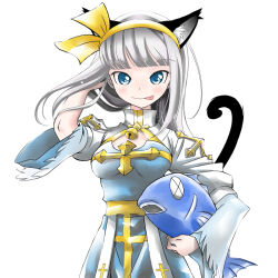  1girl 2000s_(style) :p animal animal_ears arch_bishop_(ragnarok_online) bell blue_dress blunt_bangs blush breasts cat_ears cat_girl cat_tail cleavage_cutout closed_mouth clothing_cutout commentary_request cowboy_shot cross cross_print dress fish grey_hair hairband hand_in_own_hair holding holding_animal holding_fish juliet_sleeves long_hair long_sleeves looking_at_viewer medium_breasts neck_bell nou_kitsune puffy_sleeves ragnarok_online sash simple_background smile solo tail tongue tongue_out two-tone_dress white_background white_dress yellow_hairband yellow_sash 