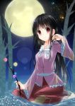  1girl barefoot black_hair bow branch brown_eyes forest full_moon hand_in_hair highres houraisan_kaguya jeweled_branch_of_hourai long_hair long_sleeves looking_at_viewer moon nature night shirt sitting skirt sky smile solo star_(sky) starry_sky tika_(mika4975) touhou very_long_hair wariza water wide_sleeves 